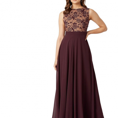 Women's Brick Red & Dusty Green Boat Neck Sleeveless Self Design Lace Overlaid Regular Dress