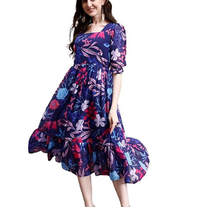Women's Georgette Floral Printed Indo-Western Ethnic Gown || Half Sleeve V Neck Fit & Flare Flared Hem Design || A-Line Maxi Dress Casual Wear